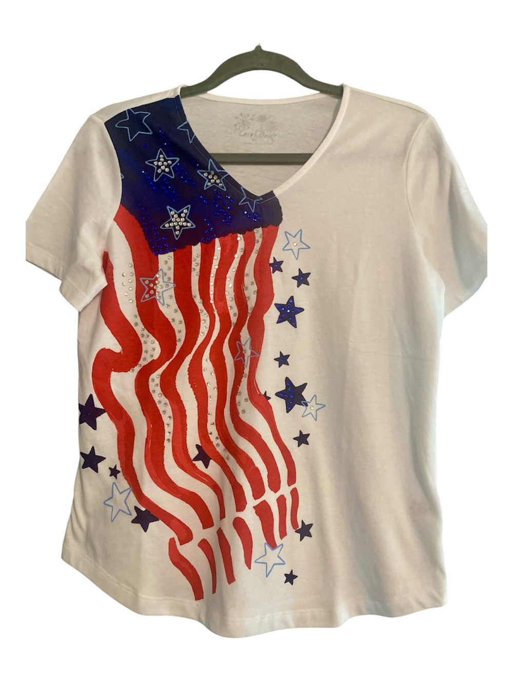 Coral Bay V-Neck Embellished Patriotic American Flag Graphic Tee White